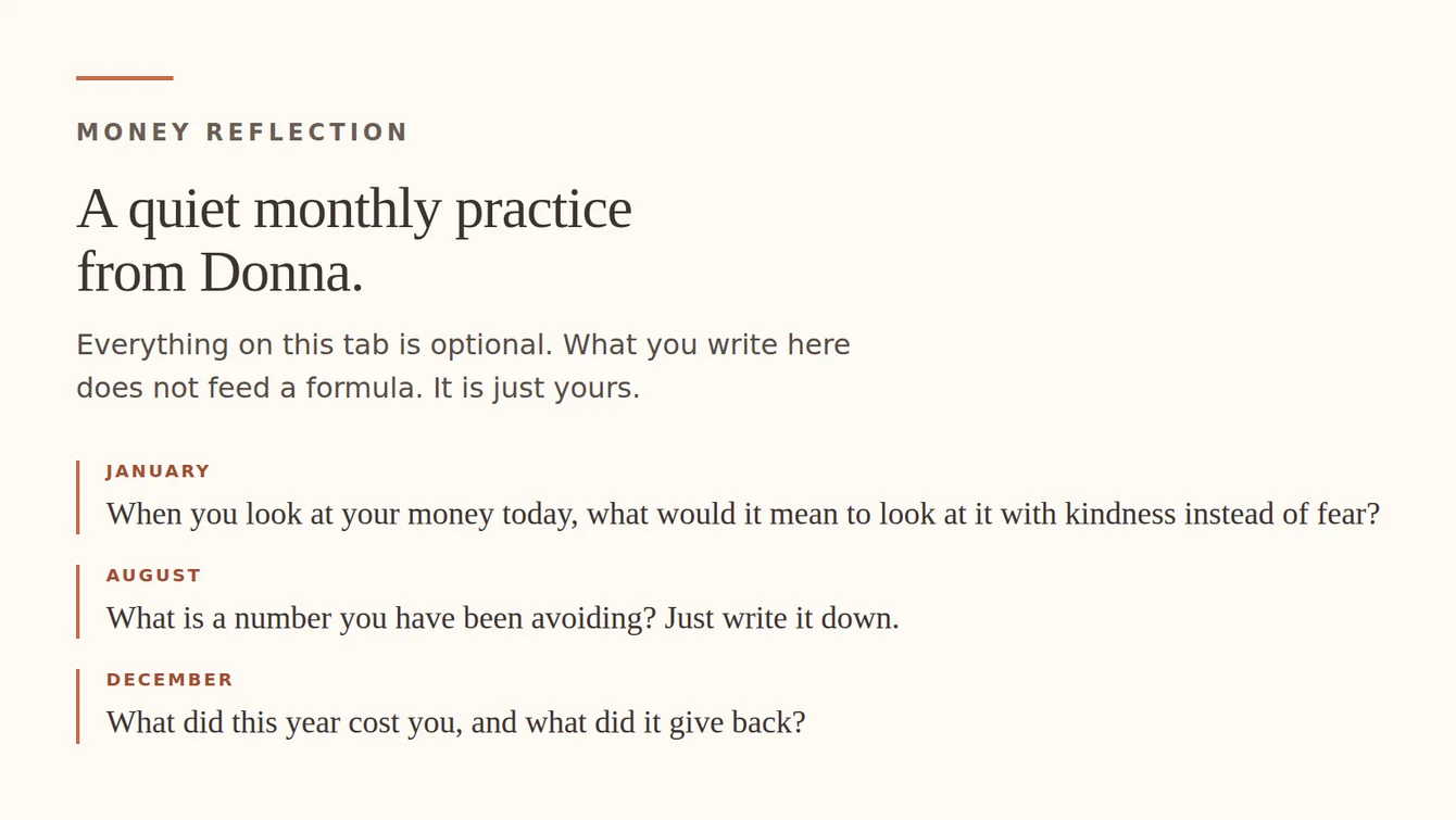 The Money Reflection tab of the free system with three monthly prompts from Donna