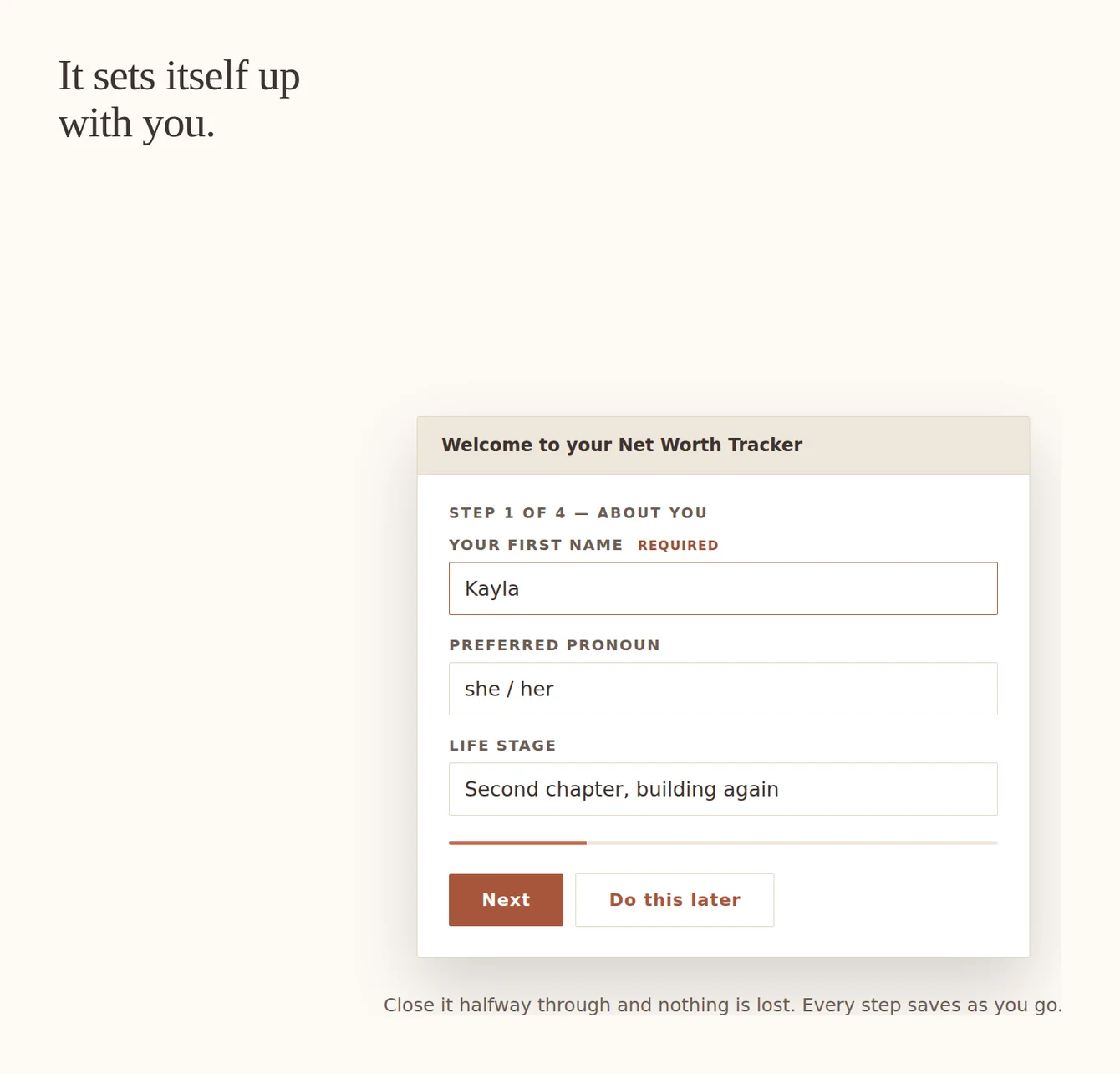 The guided setup of the free system asking for a first name, step one of four