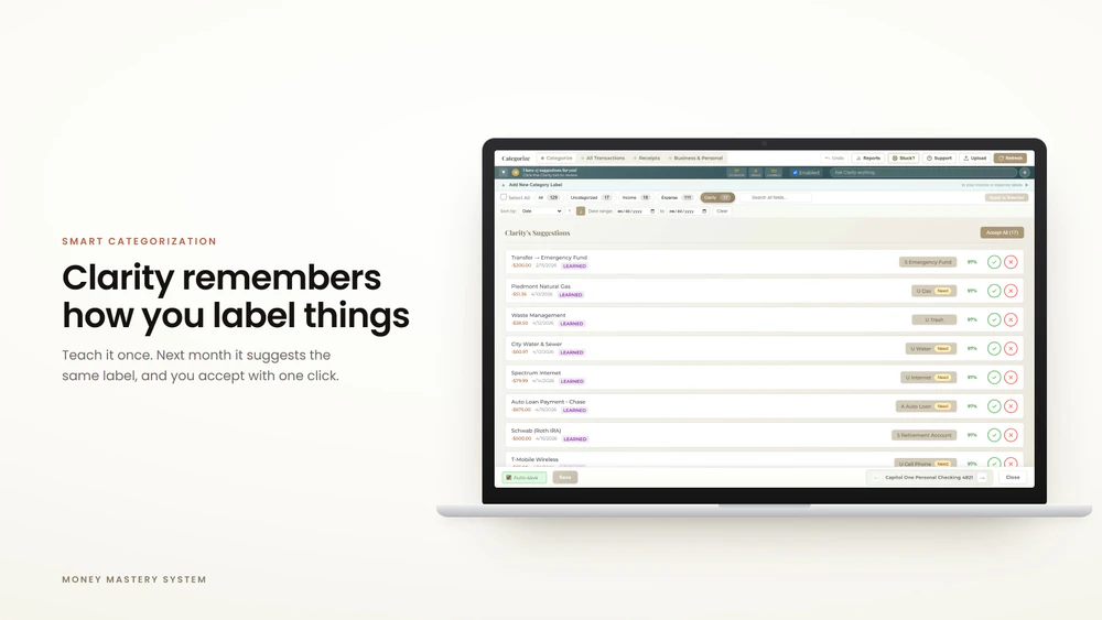 Clarity AI suggesting a category from how you labeled that vendor before. Example data.