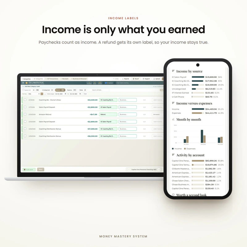 Money Mastery income labels, so your income counts only what you earned and not transfers between accounts. Example data.