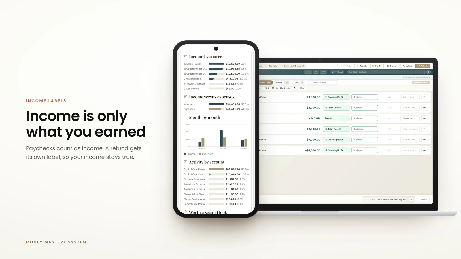 Money Mastery income labels, so your income counts only what you earned and not transfers between accounts. Example data.