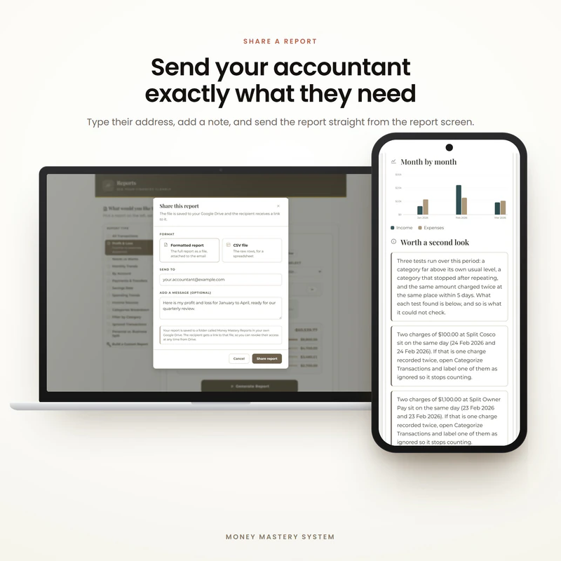 Sending a report to an accountant from the Money Mastery report screen, with their email address and a short note. Example data.