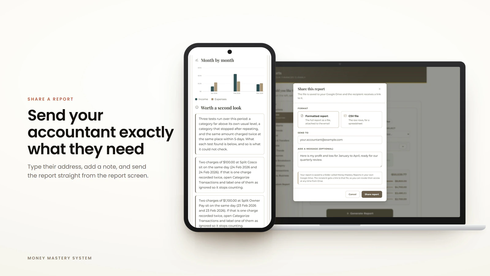 Sending a report to an accountant from the Money Mastery report screen, with their email address and a short note. Example data.