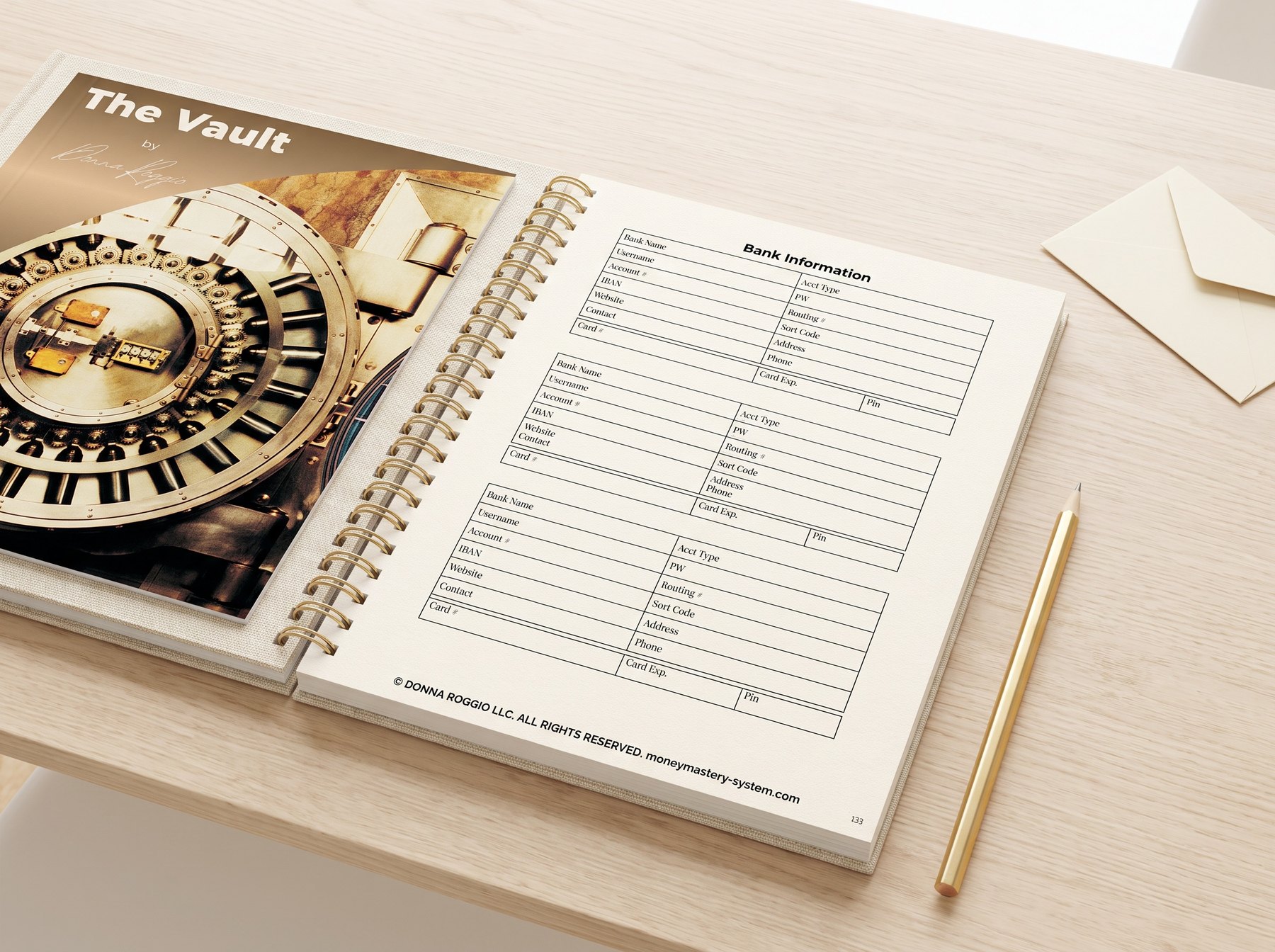 The Vault open on a bright oak desk, Bank Information template visible