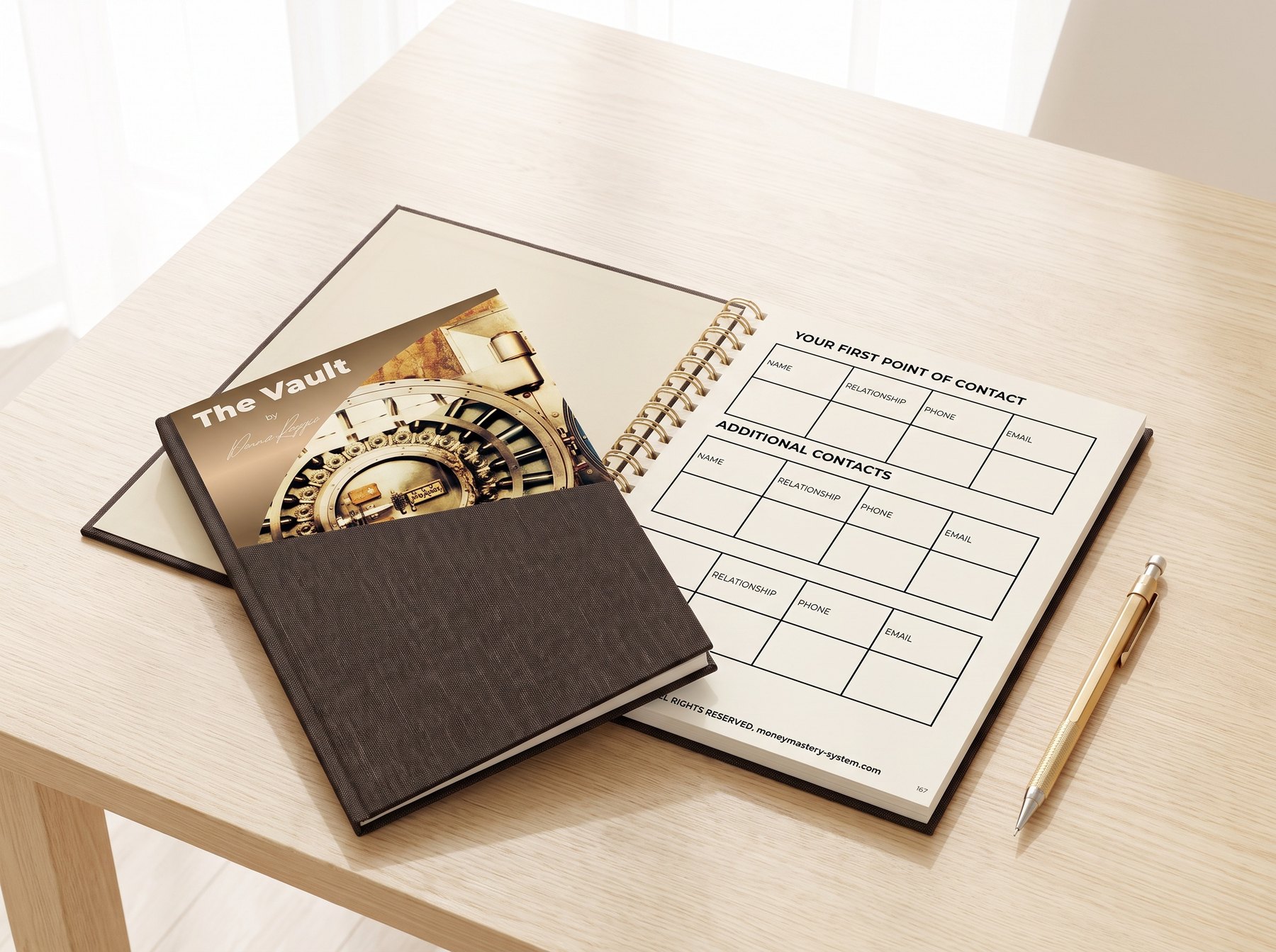 The Vault open on a bright oak desk, First Point of Contact page visible