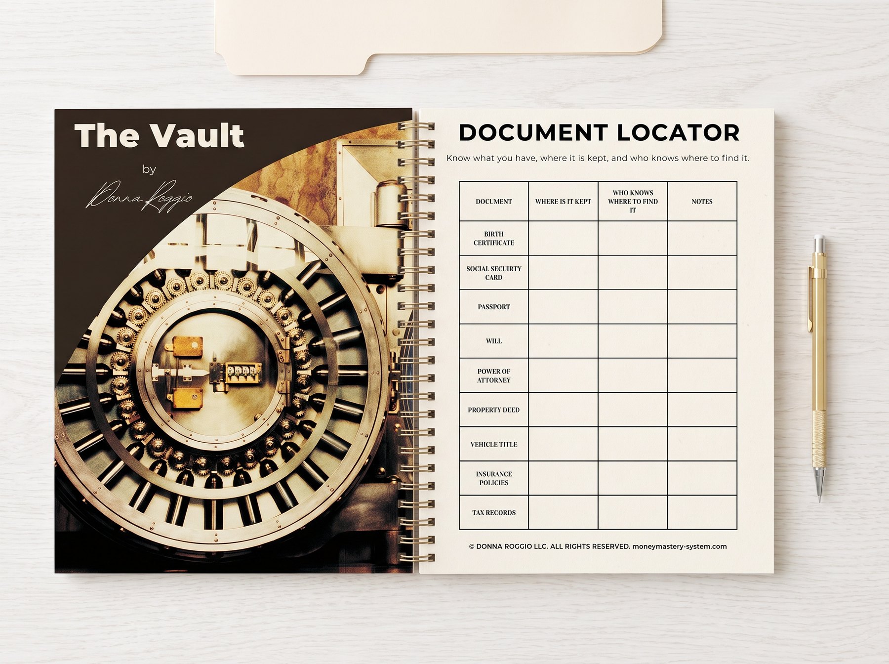 The Vault open on a bright oak desk, Document Locator page visible