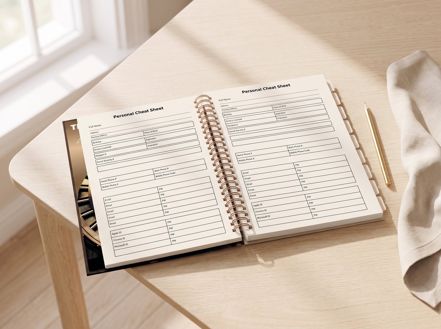 The Vault open on a bright oak desk, Personal Cheat Sheet pages visible