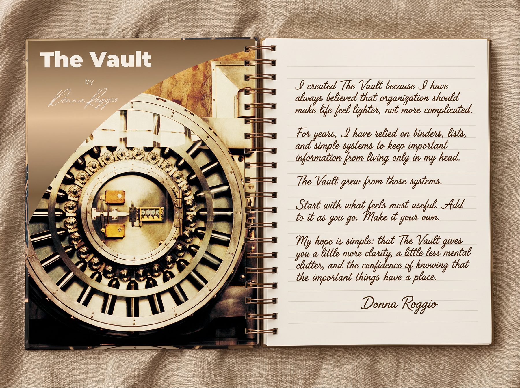 Handwritten note from Donna Roggio on cream paper inside an open spiral Vault