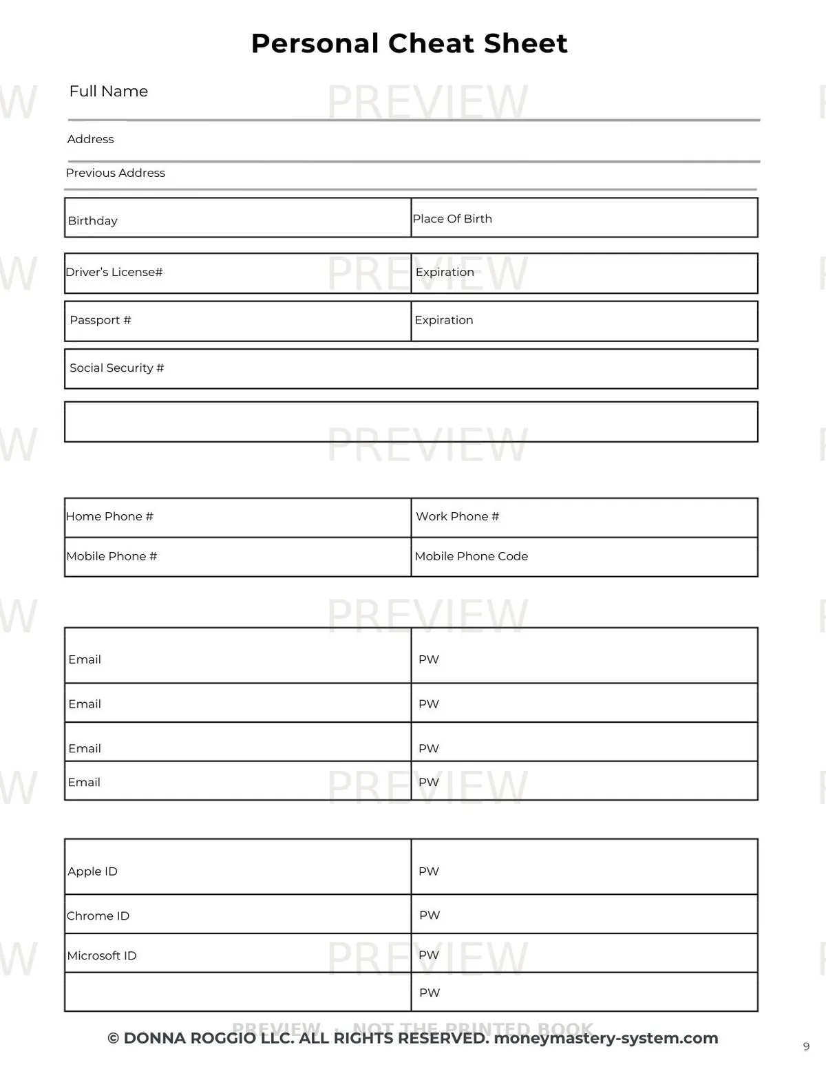 Preview of Personal Cheat Sheet, a fillable page from The Vault